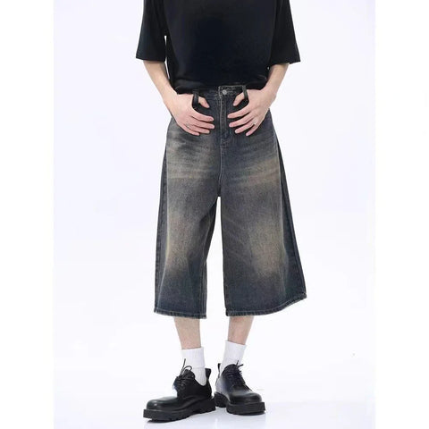 Voguable Y2k Retro Low Rise Jorts Brushed Black Wash Cropped Baggy Jeans Wide Leg Frayed Denim Short Pants Acubi Fashion