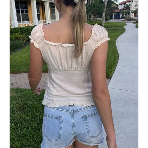 y2k Tank Top Clothes Solid Color Cap Sleeve Button Down Slim Fit Frill T Shirt 2000s Vest Streetwear