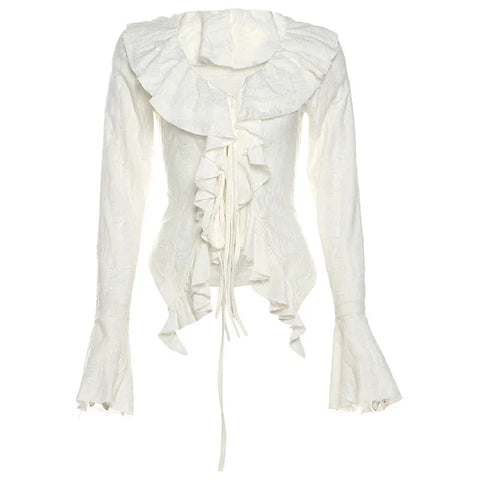 Fairycore Top White Clothes Gothic Ruffled V Neck Flared Long Sleeve Ripped Blouse Shirt y2k Aesthetic Clothing