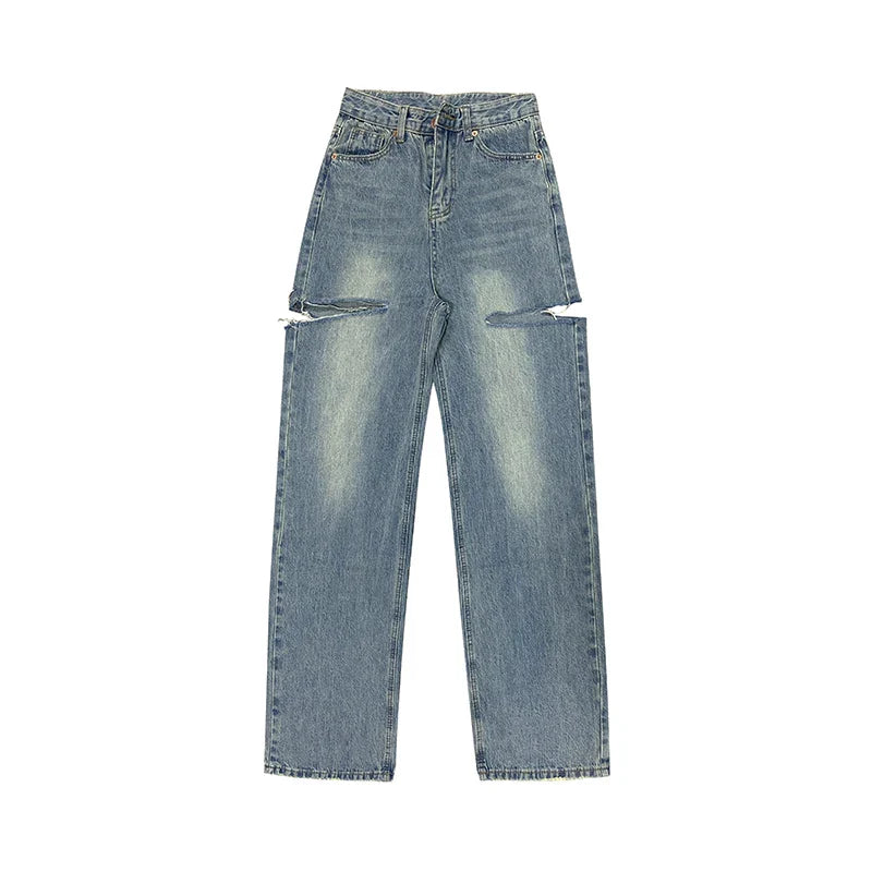 High Waist Ripped Straight Jeans Blue Denim Trousers Y2k Korean Clothing Streetwear Baggy Pants