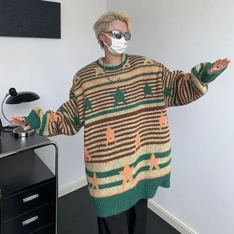 Voguable Y2K Star Sweater Harajuku Striped Knitted Pullovers Jumpers Tops Oversize Purple Winter Streetwear Hip Hop