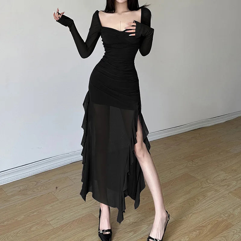 Y2k Gentle Temperament Ruffled Square Collar Slit Dress FeCross-Border Solid Color Long Sleeve Strap Wrapped Hip Long Dress