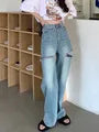 High Waist Ripped Straight Jeans Blue Denim Trousers Y2k Korean Clothing Streetwear Baggy Pants