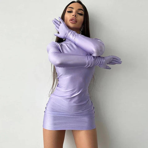 Solid Long Sleeve With Gloves Mini Dress Bodycon Streetwear Party Half Turtleneck Outfits Y2K Clothes Wholesale