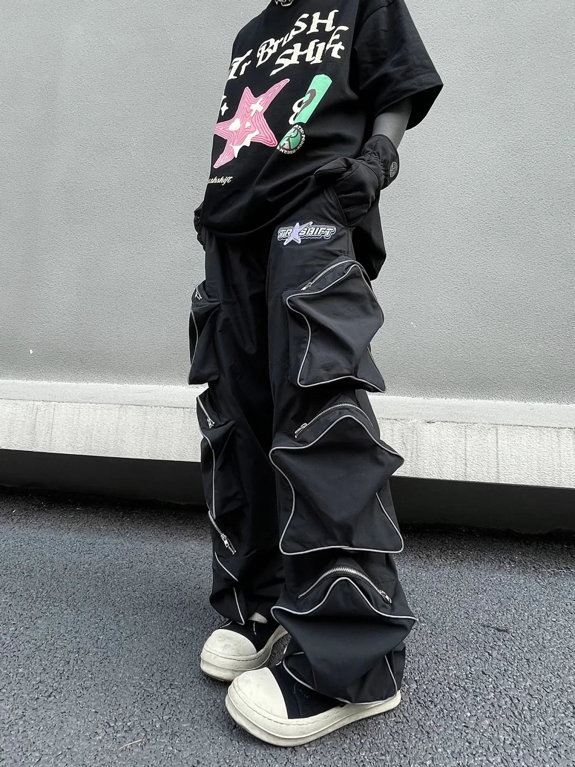 Voguable Y2k Cargo Pants Five Pointed Star Three Dimensional Multi Pocket Black Pants Reflective Casual Straight Leg Pants Streetwear