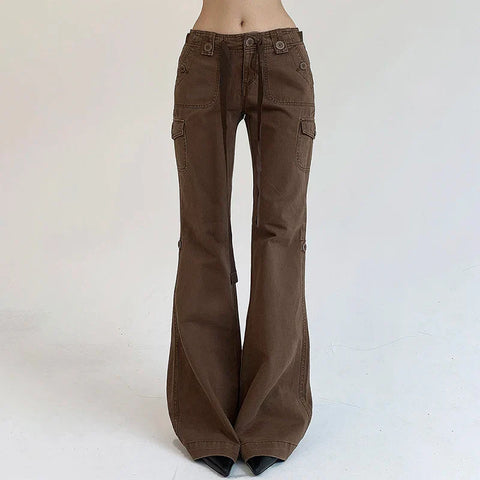 Voguable  Casual Basics Flare Jeans Brown Black All-match Street Style Boot Cut Denim Pants High Waist Vintage Trousers Y2K