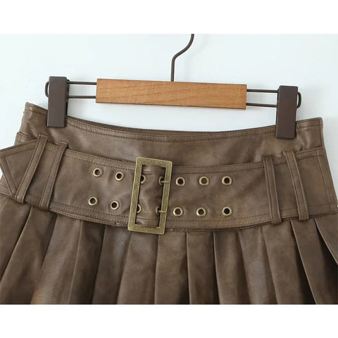 American Retro With Belt Pleated Mini Skirt Low Waist Brown Faux Leather Skirts Cool Girl PU Y2K saia