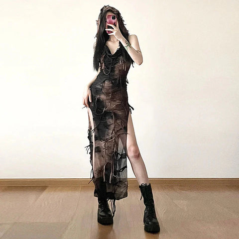 Grunge Dress y2k Tie Dye Print Sleeveless Side Split Hooded Dress Gothic Party Dresses Halloween Costume