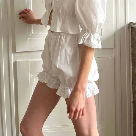 White Bloomers Ruffle Hem Bottoms Solid Color Elastic High Waist Panties Coquette Clothing y2k Victorian Shorts