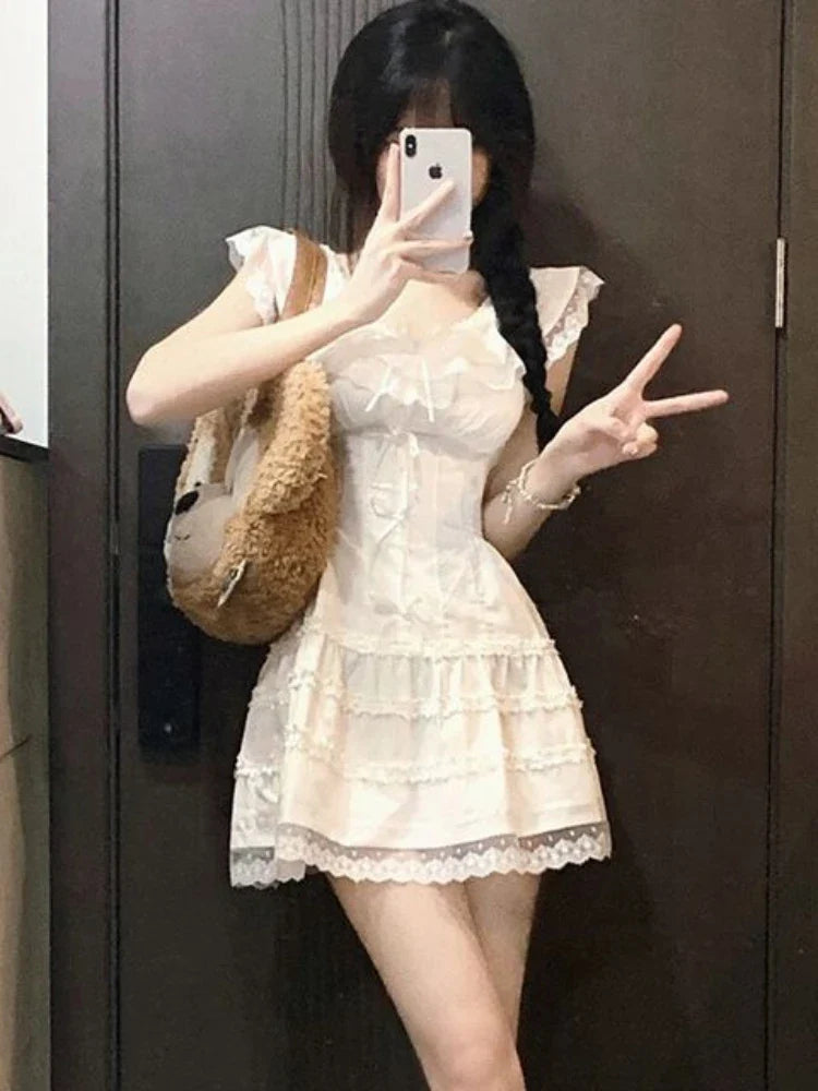 Voguable Y2k Coquette White Lolita Sweet White Kwaii Cute Mini Dress Lace Bow Princess Slip Lace Short Dresses Fashion