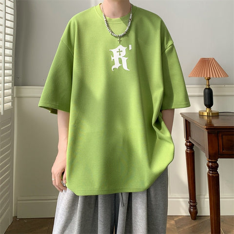 Waffle Letter Print T-shirts Urban Style  Half-sleeved Light Thin Breathable Y2k Unisex O-neck Tops Tee