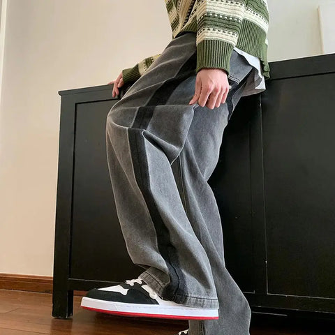 Voguable  Man Cowboy Pants Straight Vintage Jeans Patchwork Trousers Wide Leg with Pockets Original Casual Japanese Street Style Y2k