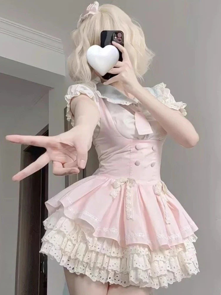 Voguable Lolita Kawaii 2 Piece Sets Cute Slim Blouse Blouse + Sweet Lace Sleeveless Y2k Mini Dress Japanese Style Suit