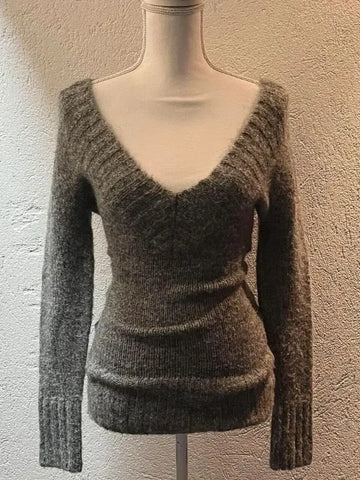 Vintage V-neck Knitted Tops Early Sweaters Mujer Y2k Grunge Slim Fit Long Sleeve Pullovers