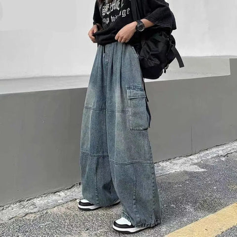 Trousers y2k baggy jeans for Wide leg Pants Pockets Elastic Waist Streetwear Loose comfortable Pants