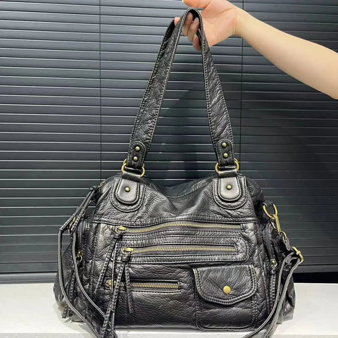 Y2K Girl Single Shoulder Crossbody Bag Vintage Washed Leather Motorcycle Bag Large Capacity Multi Pocket Bag