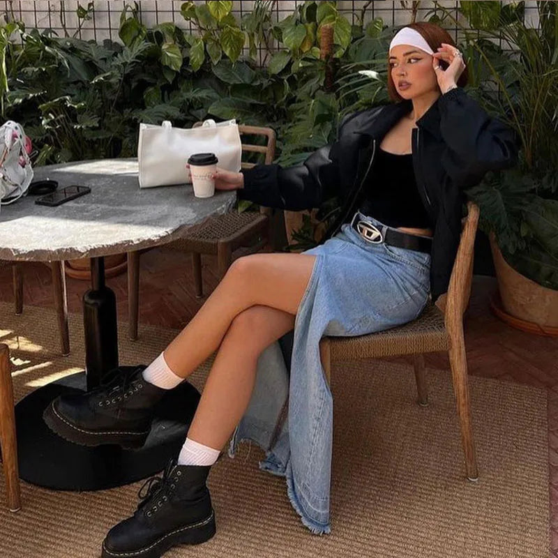 Cotton Simple Vintage Long A-Line Skirt Slit Denim Skirt Y2K Party Skinny Vestidos Vero Vintage Size