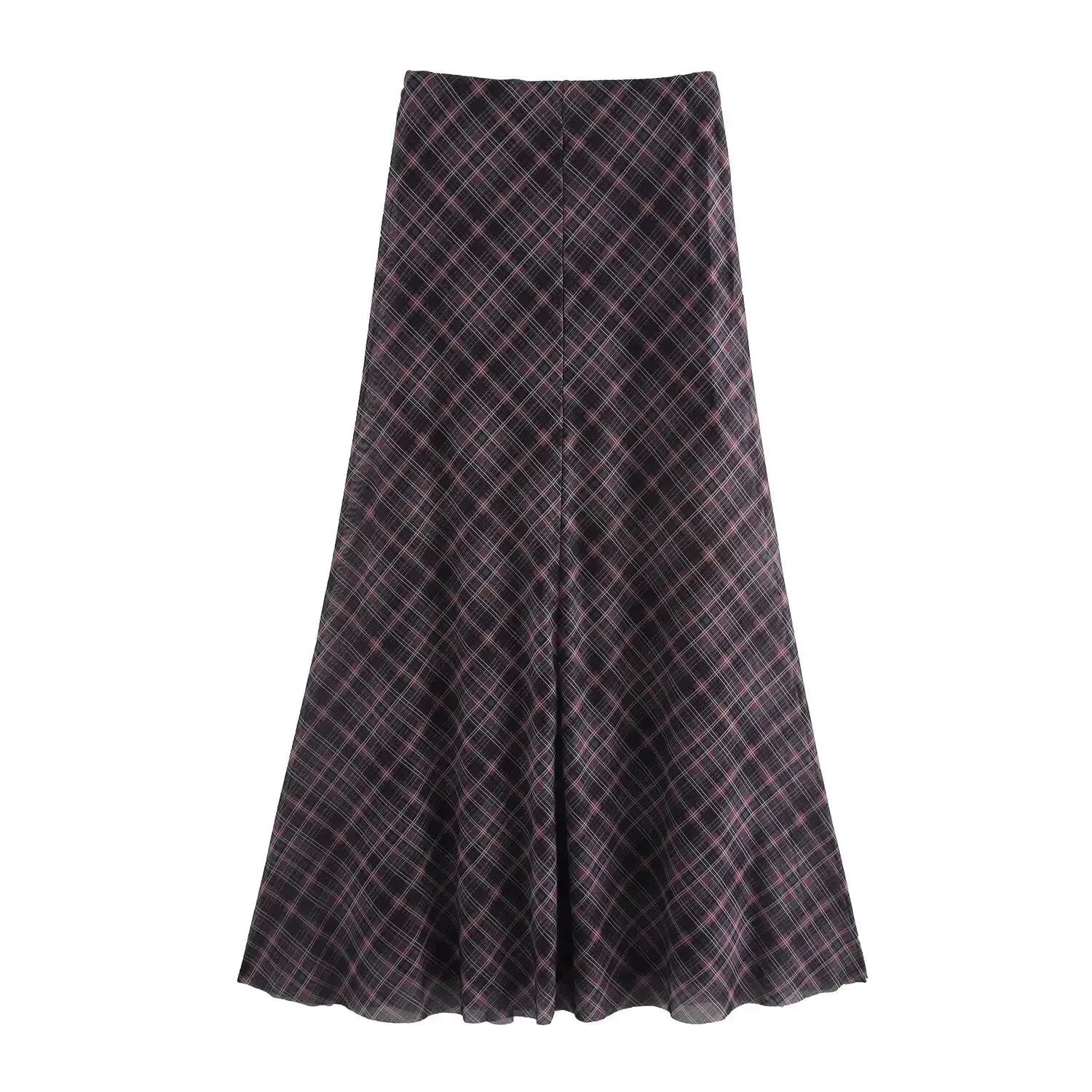 High Waist Retro Chic Plaid Long Skirt Elegant Zipper Skirt Streetwear Y2K A-line Skirt