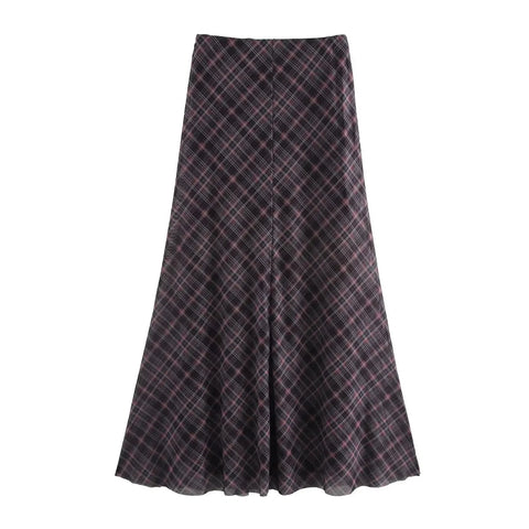 High Waist Retro Chic Plaid Long Skirt Elegant Zipper Skirt Streetwear Y2K A-line Skirt