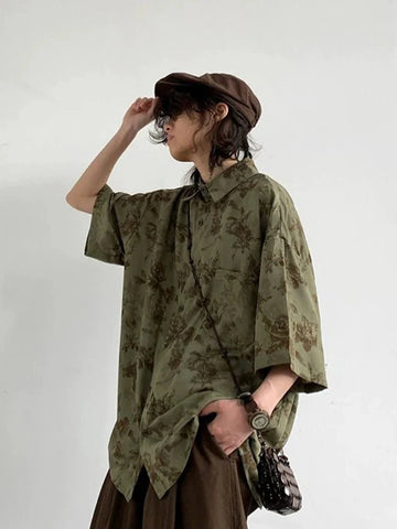 Harajuku Y2K Shirt Loose Vintage Print Streeetwear Blouse Oversize Half Sleeve FeCasual Retro Japan Bf Tops New
