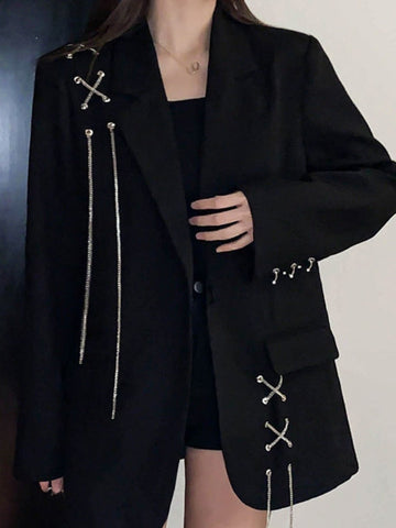 Elegant Gothic Blazer Jacket Casual Solid Double-breasted Pocket Chain Coat Streetwear Y2k