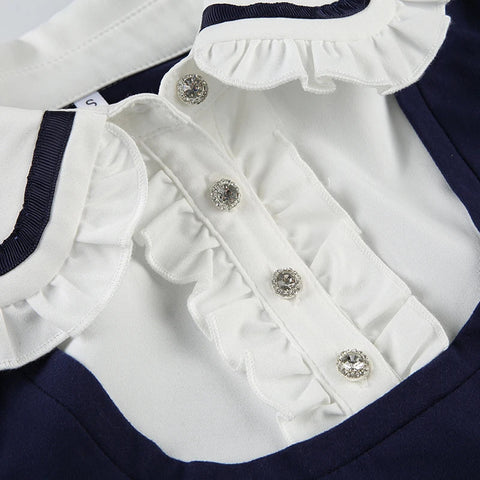 Voguable Preppy Style Contrast Patchwork Bow Peter Pan Collar Top Cute Puff Sleeve T-shirt Y2K