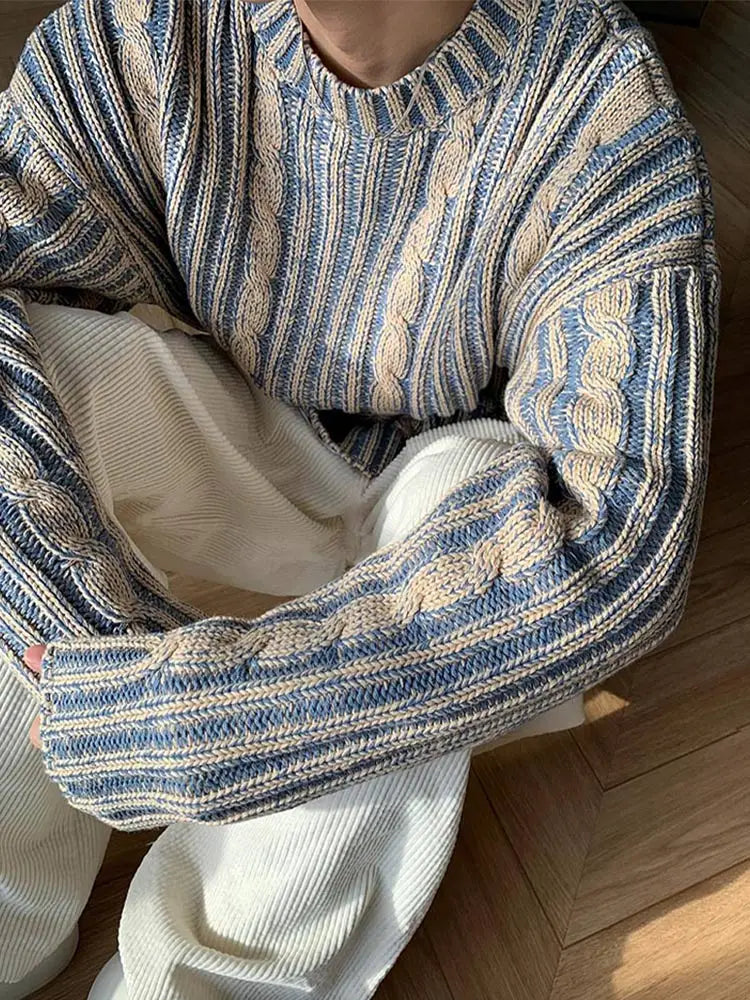 Trendy Striped Twists Knitted Sweaters Y2k Loose O Neck Long Sleeve Knit Pullover Vintage Warm Sweater Jumpers