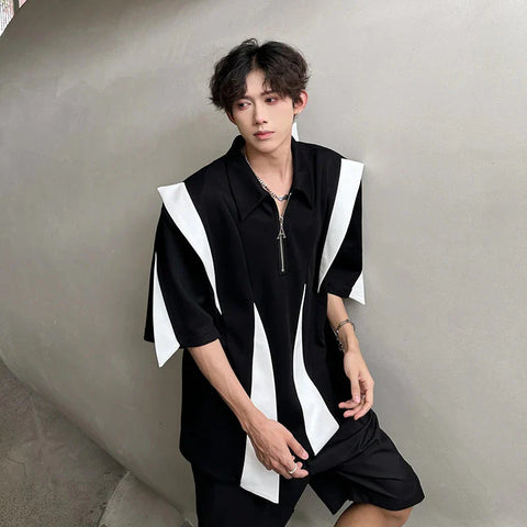 Laple T-Shirt Urban Streetwear Polo Style Two-Tone Design Casual Tee Y2K Trendy Oversized Top Breathable Cotton Blend