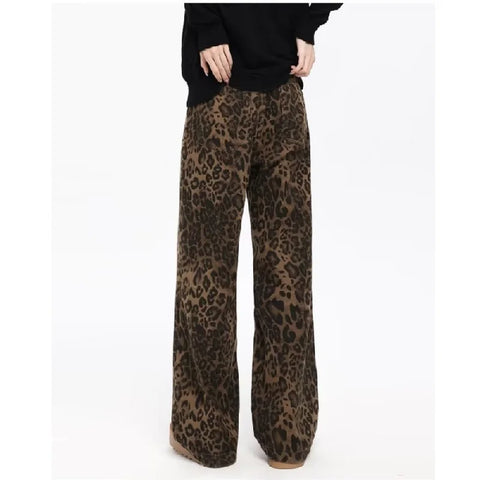 Trend Youth Straight Leopard Print Casual Pants For Y2k American Retro Design Feel Temperament Commuter Cargo Pants