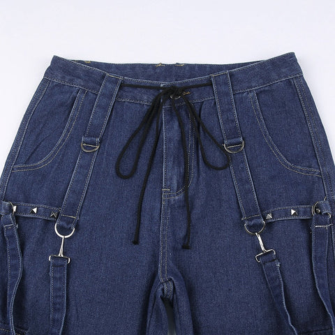 Y2k Bandage Cargo Jeans Punk Metal Blue Baggy Streetwear Pants Korean Grunge Aesthetic Jeans Stylish Vintage 90s