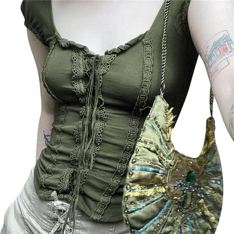 y2k Tops Coquette Clothing Lace Trim Tie Front V Neck Short Sleeve T Shirts 2000s Grunge Clothes Streetwear