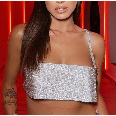 Glitter Club Crop Top Off Shoulder Tank Cami Clothing Super Short Party Night Shiny Bling Sleeveless Tube Tops Y2K