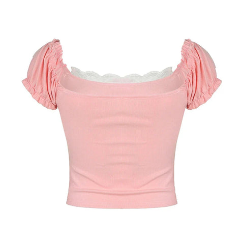Sweet Coquette Crop Top Lace Patchwork Square Collar Skinny Pink T Shirts Vintage 2000s Puff Sleeve Tees Kawaii y2k