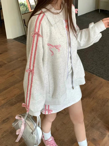 Voguable 2 Piece Skirt Sets FeY2k Clothing Zipper Bow Sweet Korean Hoodie Suits Studentseven Party Outwear
