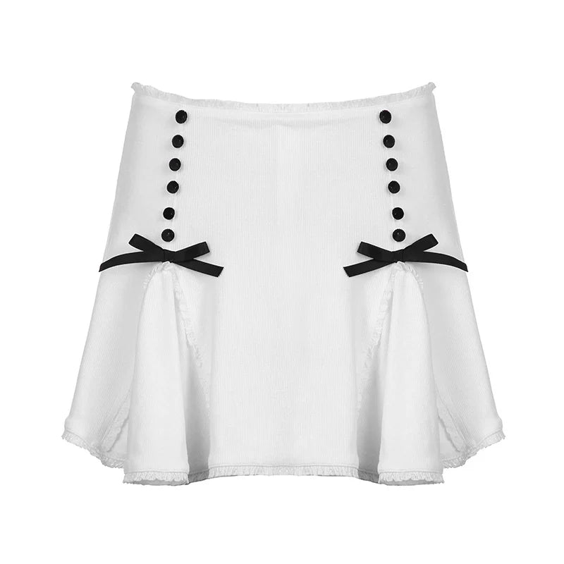Voguable Cute Lace Bow Patchwork Mini Skirt White Japanese Style High-waisted A-line Skirts Coquette Y2K Bottoms Lolita Girls