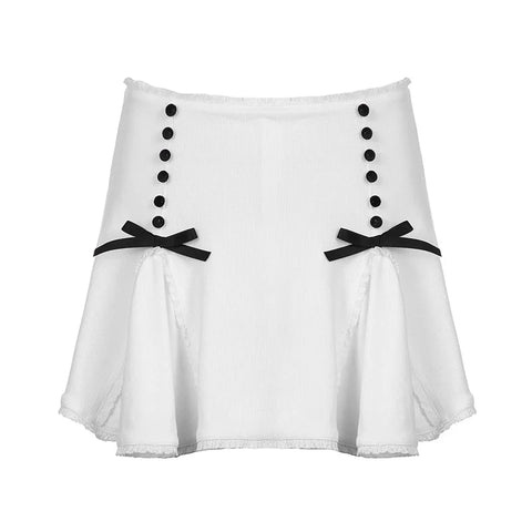Voguable Cute Lace Bow Patchwork Mini Skirt White Japanese Style High-waisted A-line Skirts Coquette Y2K Bottoms Lolita Girls