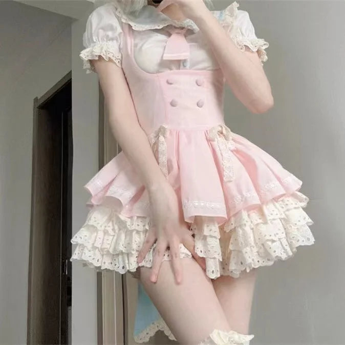 Voguable Kawaii Japanese Style 2 Piece Set Casual Blouse + Sweet Pink Y2k Mini Skirt Lace Lolita Suit Woman Design New