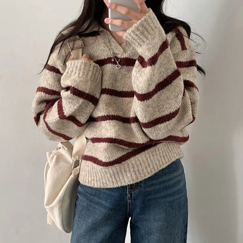 Large size Korean style lapel slimming contrast striped sweater winter long-sleeved loose pullover sweater y2k tops