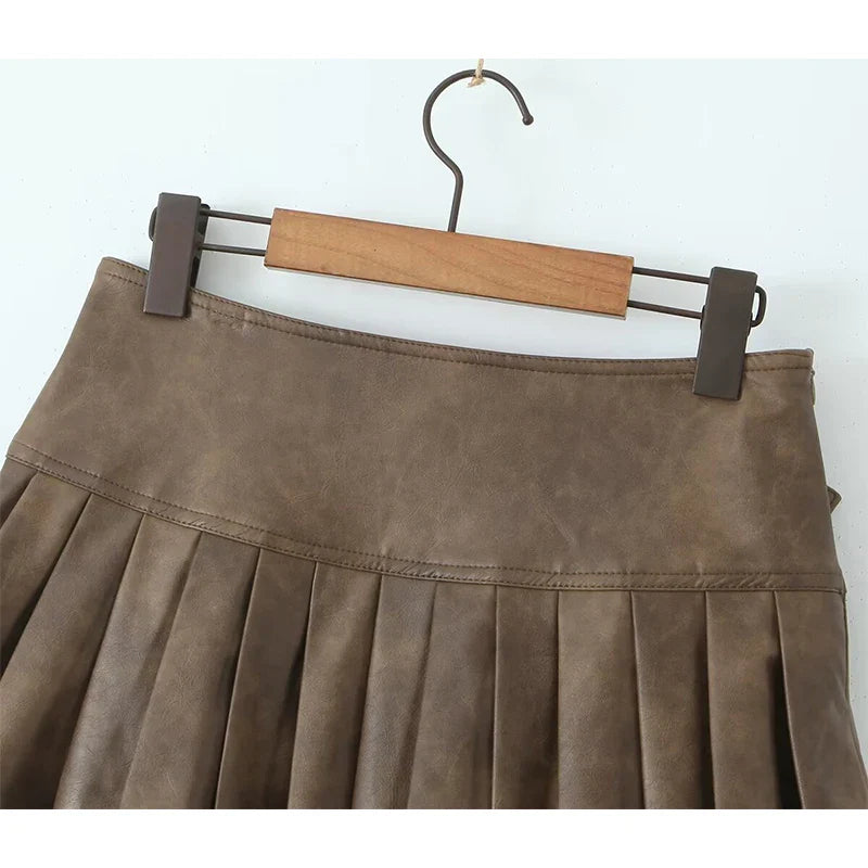 American Retro With Belt Pleated Mini Skirt Low Waist Brown Faux Leather Skirts Cool Girl PU Y2K saia
