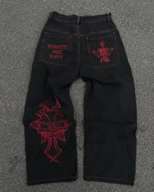 Vintage Raw Edge Embroidery Denim Pants Streetwear Distressed Patchwork Baggy Jeans for Y2k Straight Wide Leg Trousers