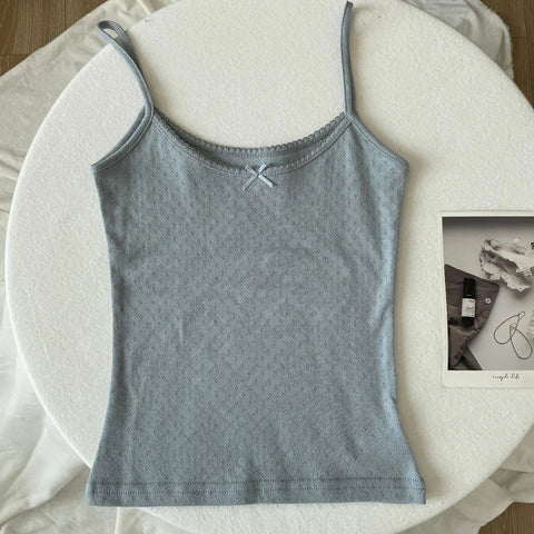 Floral Eyelet Bow Cotton Crop Tops Lace Trim Sleeveless Slim Tank Top Preppy Style Sweet Camisole Y2k Clothes