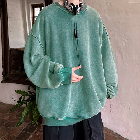 American Washed Old Pullovers Sweatshirts Loose Solid Color Large Size Warm O Neck Tops Hip Hop Y2k Sweatshirt