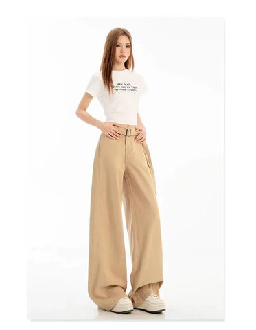 Belt Retro Khaki Jeans Y2K High Waist Loose Streetwear Denim Pants Casual American Vintage Wide Leg Trousers