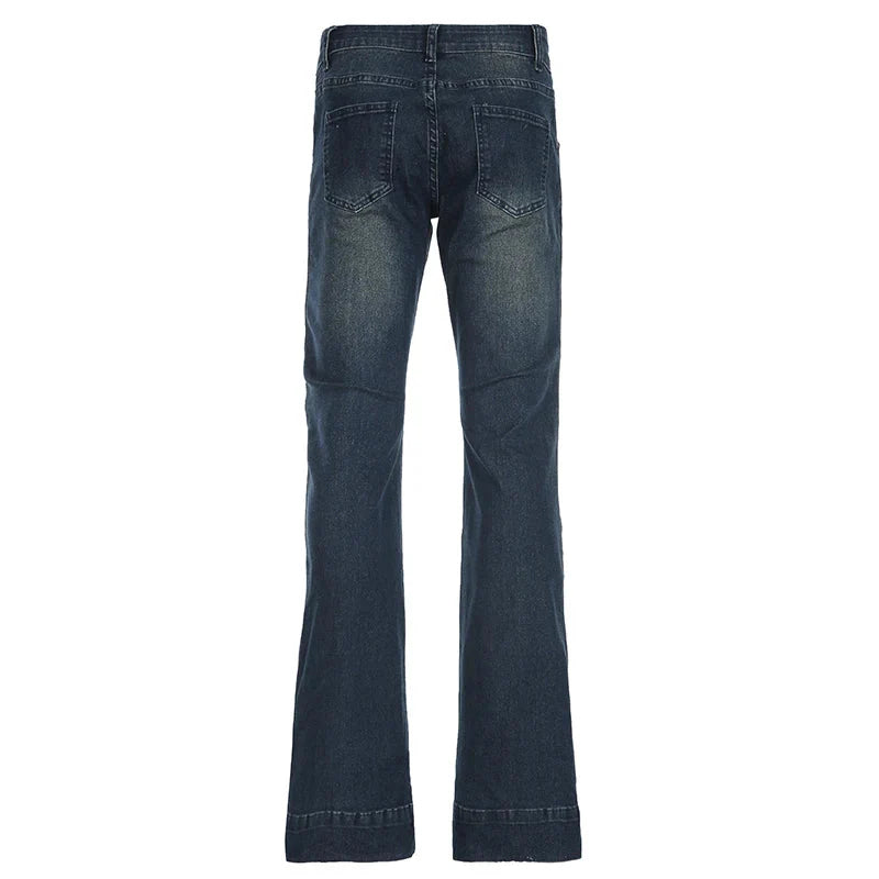 Blue Low Rise Flare Jeans Vintage 2000s Slim-fitting Denim Pants Korean Style Trousers y2k Distressed Mom Jeans 90s