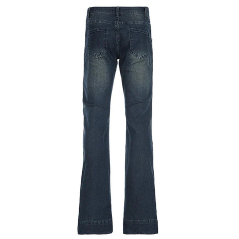 Blue Low Rise Flare Jeans Vintage 2000s Slim-fitting Denim Pants Korean Style Trousers y2k Distressed Mom Jeans 90s