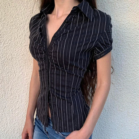 Voguable  Chic Elegant Striped Blouse French Style Button-up Turn-down Collar Shirt Vintage Streetwear Y2K Tops