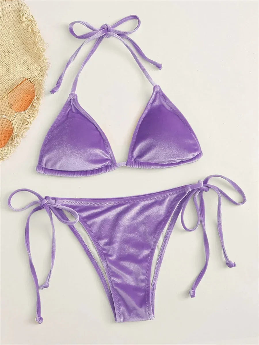 Voguable Triangle Bikinis Set Solid Pink Criss Cross Velvet Swimsuit Luxury Rhinestone Bathing Suit Metal Swimwear Y2K