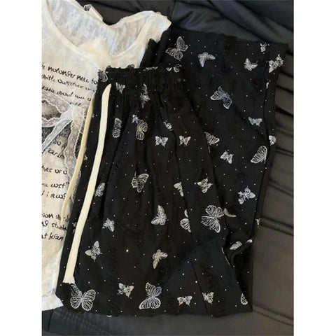 High Waist Wide Leg Pants Loose Butterfly Print FeCasual Pants Y2K Korean Drawstring Floor Length Trousers