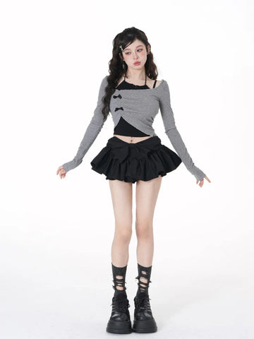 Voguable Korean 2 Piece Set Skirt Slim Y2k Crop Tops Casual Vintage Black Mini Skirt Kawaii Sweet Suit Woman Chic