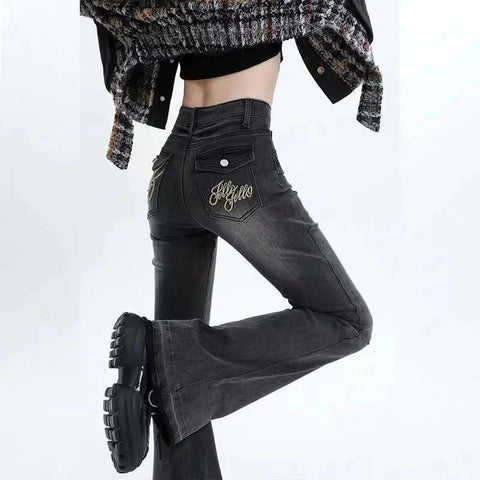 American High Street Spicy Girls Low Waist Jeans Vintage Y2k Design Sense Slim Fit Straight Tube Micro Flare Pants